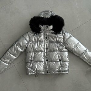 Silver Puffer Jacket with Black Faux Fur Trim